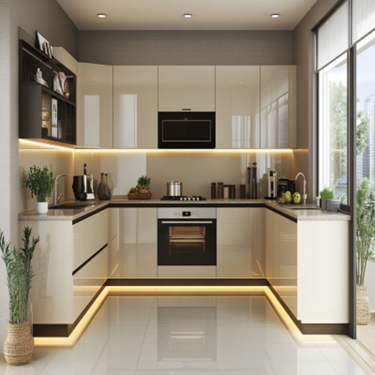 U-Shaped Modern Kitchen Design with High Gloss Finish